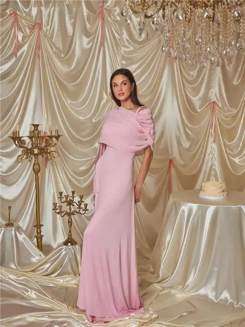 Pink Cape Sleeve Sexy Maxi Dress For Women Off-shoulder Backless Gown Elegant Skew Collar Lace-up Long Dress Vestido