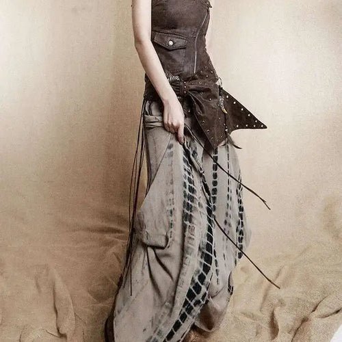 Load image into Gallery viewer, Women Brown Irregular Spliced Tie Dye Vintage Long Strapless Dress New Sleeveless Fashion Tide Spring Autumn 2025 1DH9375
