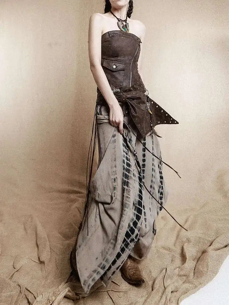 Women Brown Irregular Spliced Tie Dye Vintage Long Strapless Dress New Sleeveless Fashion Tide Spring Autumn 2025 1DH9375