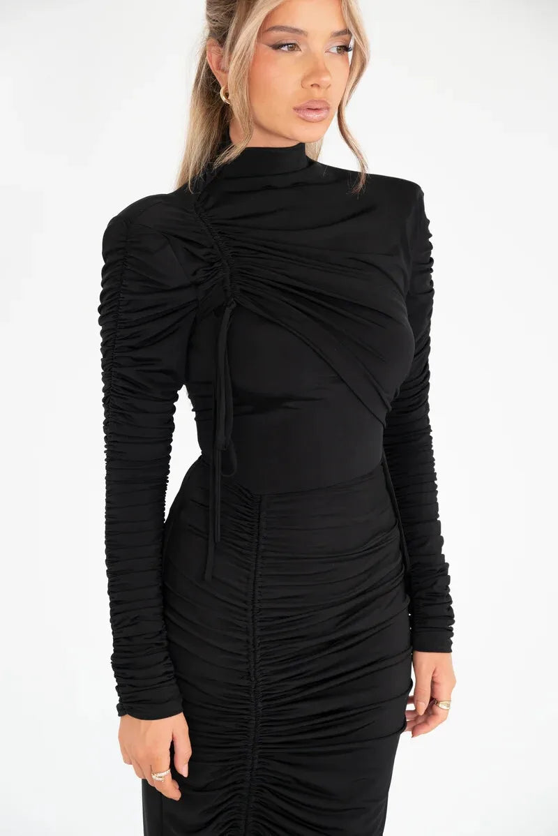 Long Sleeve Ruched Sexy Maxi Dress For Women Autumn Winter New Drawstring Turtleneck Bodycon Sexy Long Dress Elegant