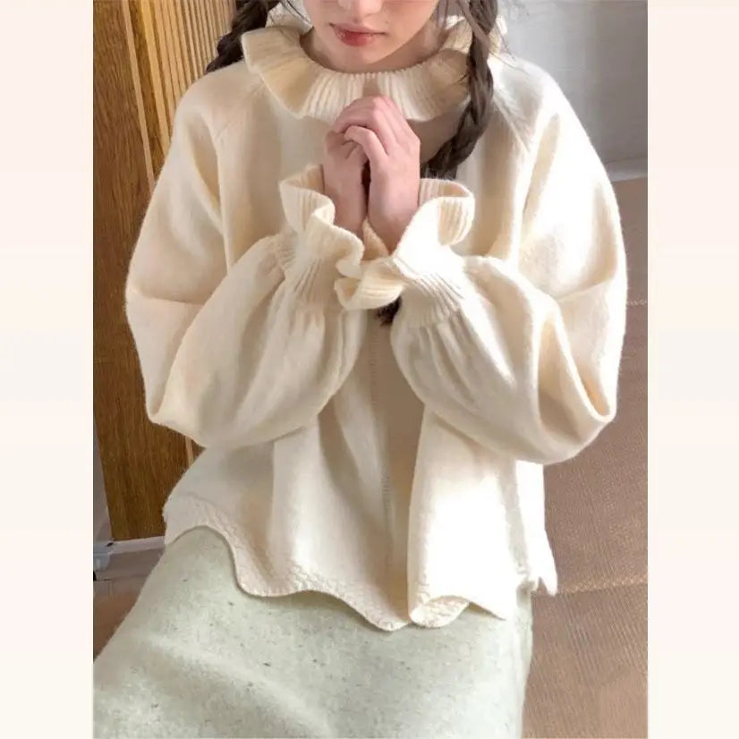 Sweet Ruffled Collar Solid Sweater Women Y2k Aesthetic Winter Loose Irregular Tops Harajuku Fairy Flare Sleeve Knitwear Jumper