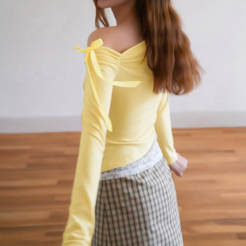 Load image into Gallery viewer, Coquette Crop Tops y2k Women Clothing Bow Lace Patchwork Off Shoulder Long Sleeve T Shirts 2000s Clothes Streetwear
