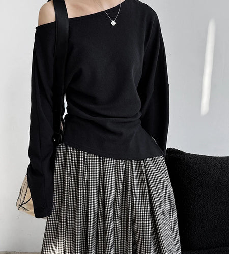 Black Irregular Pleated Sweatshirt New Skew Collar Long Sleeve Women Big Size Fashion Tide Spring Autumn 2025 1DJ0195