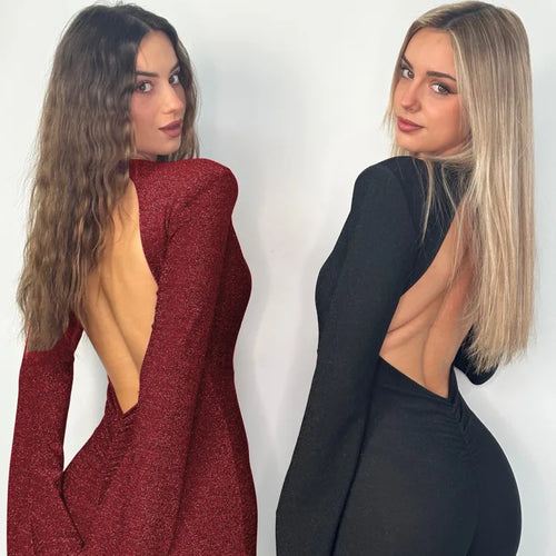 Load image into Gallery viewer, Sexy Deep V-long Sleeved Jumpsuit Women Sparkling High Waisted Flared Pants Elegant Club Jumpsuit Winter 2025 Rompers
