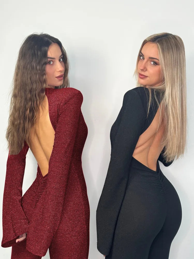 Sexy Deep V-long Sleeved Jumpsuit Women Sparkling High Waisted Flared Pants Elegant Club Jumpsuit Winter 2025 Rompers