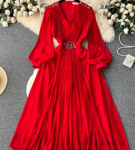 French Women Solid V Neck Diamond Elegant High Waist Pleated Dresses Autumn Winter Slim Long Sleeve Holiday Dress Ladies Popular