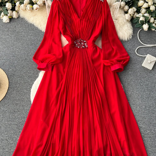 Load image into Gallery viewer, French Women Solid V Neck Diamond Elegant High Waist Pleated Dresses Autumn Winter Slim Long Sleeve Holiday Dress Ladies Popular
