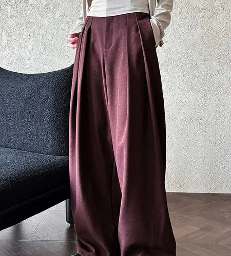 High Waist Wine Red Brief Pleated Long Wide Leg Elegant Pants New Trousers Women Fashion Tide Spring Autumn 2025 1DH6980