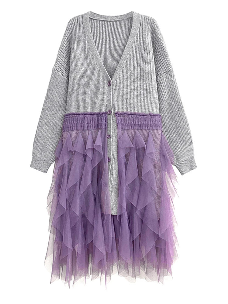 Women Black Big Size Knitting Mesh Irregular Sweater Dress New V-Neck Long Sleeve Fashion Spring Autumn 2025 1DH2366