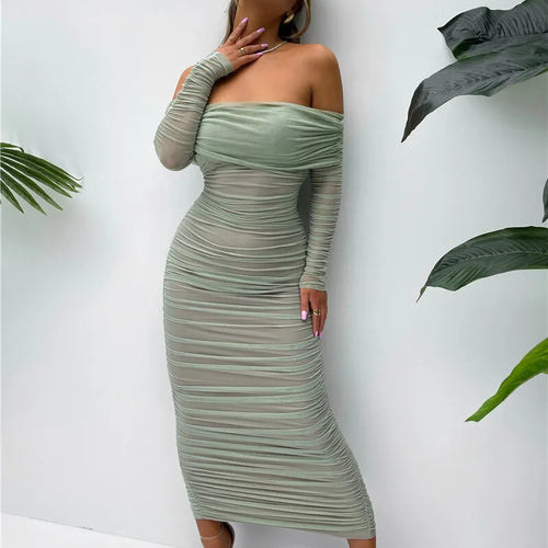 Load image into Gallery viewer, Off-shoulder Long Sleeve Sexy Maxi Dress For Women Autumn New Strapless Backless Bodycon Ruched Party Long Dress
