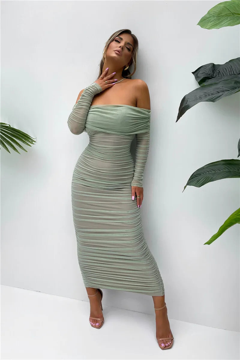 Off-shoulder Long Sleeve Sexy Maxi Dress For Women Autumn New Strapless Backless Bodycon Ruched Party Long Dress