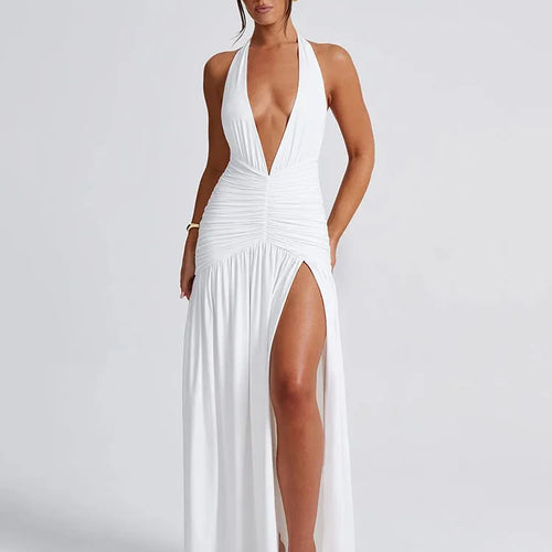 Load image into Gallery viewer, Sexy Hanging Collar Deep V-pleated Split Long Skirt For Women's Elegant Backless Bodycon Evening Dress Summer Partywear
