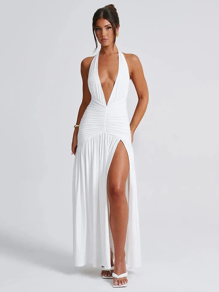 Sexy Hanging Collar Deep V-pleated Split Long Skirt For Women's Elegant Backless Bodycon Evening Dress Summer Partywear