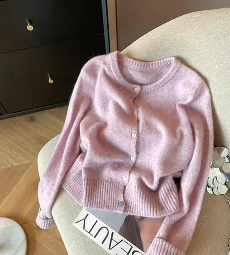 Simple 2024 Autumn Winter Women's New Pink Round Neck Cardigan Sweater French Single Breasted Long Sleeve Fashion Versatile Tops