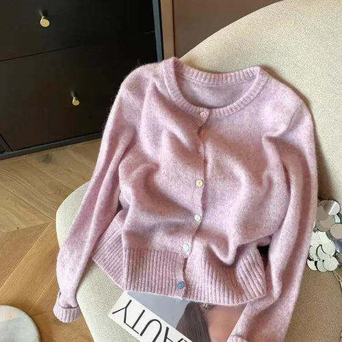 Load image into Gallery viewer, Simple 2024 Autumn Winter Women's New Pink Round Neck Cardigan Sweater French Single Breasted Long Sleeve Fashion Versatile Tops
