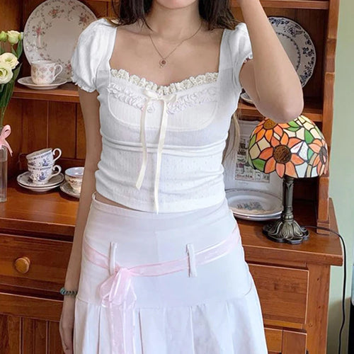 Load image into Gallery viewer, Sweet Pink Lace Trim Ruched Summer T shirt Women Bow Cutecore Korean Fashion Cropped Top Solid Square Neck Korean Tee
