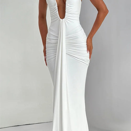 Load image into Gallery viewer, Deep V Neck Backless Ruched Sexy Maxi Dress Women Gown Summer Halter Sleeveless Draped Club Party Long Dress 2025
