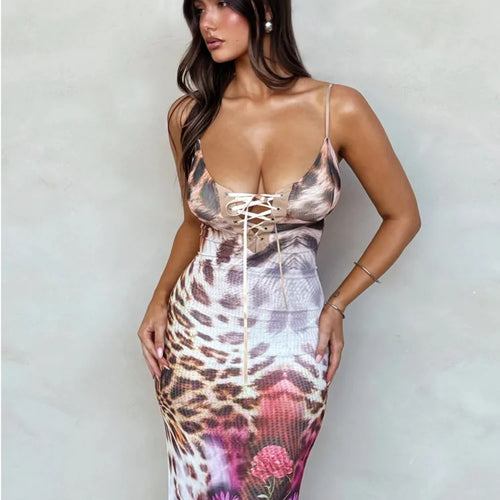 Load image into Gallery viewer, Sexy Spaghetti Strap Lace Up Print Slim Party Club Beach Holiday Dress Women Tight Backless Female Vestidos Summer 2024
