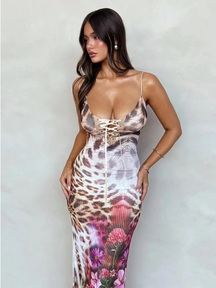 Sexy Spaghetti Strap Lace Up Print Slim Party Club Beach Holiday Dress Women Tight Backless Female Vestidos Summer 2024