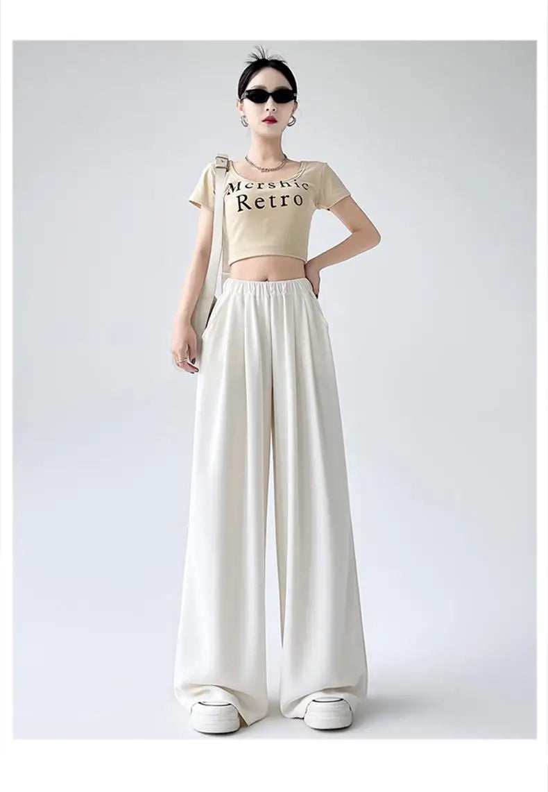 French Simplicity Solid Loose High Waisted Pockets Wide Leg Long Pants For Women's Spring Summer Casual Pleated Trousers Fashion