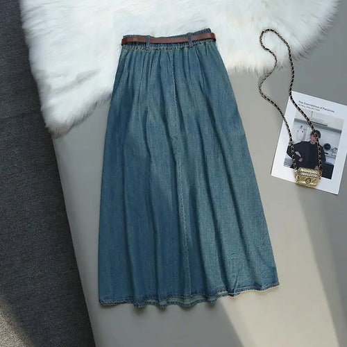 Load image into Gallery viewer, Korean Style High Waist Retro Belt Long Skirts For Women Fashion 2023 Summer Thin A-line Denim Skirt Women&#39;s Midi Elastic Skirt
