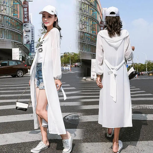 Load image into Gallery viewer, Summer Solid Shawl Cardigan Hooded Beach Shirts Women's Oversized Long Sleeve Cardigan Loose Sun Protection Bandage Blouses Top
