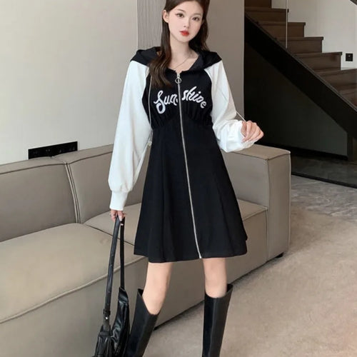 Load image into Gallery viewer, Korean Style Oversize Hooded Dress Women Preppy Style School Student Casual Letter Sport Mini Short Dresses Autumn
