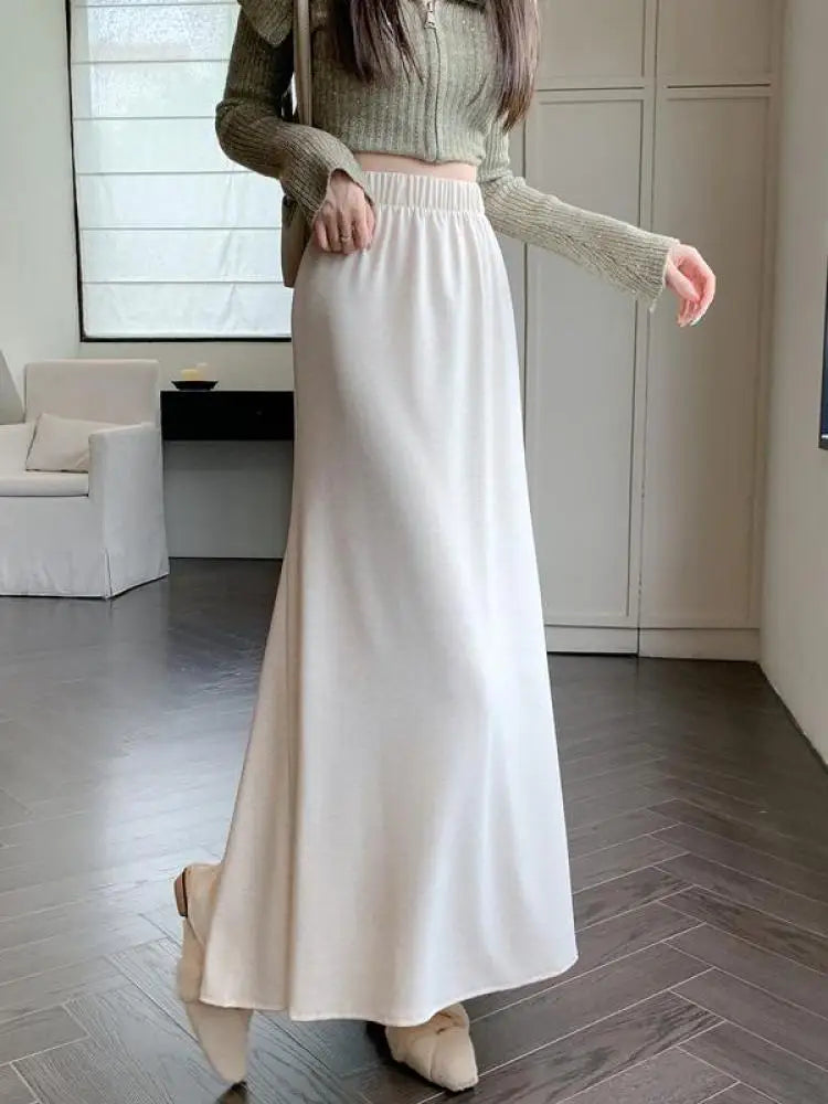 Autumn Winter Women's Black Elastic High Waist Fishtail Skirt Korean Version Beige Elegant Vacation Pleated A-line Long Skirts