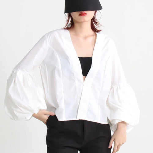 Load image into Gallery viewer, Solid Loose Shirts For Women Deep V Neck Lantern Sleeve Ruched Blouses Female Clothing Autumn Casual Fashion
