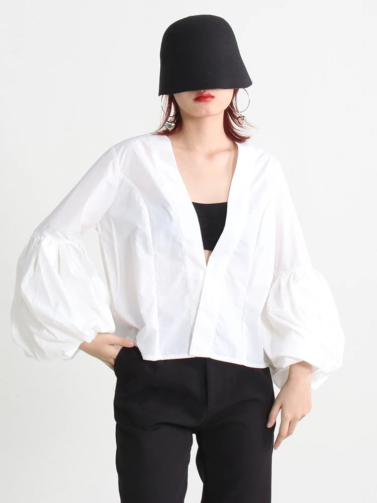 Solid Loose Shirts For Women Deep V Neck Lantern Sleeve Ruched Blouses Female Clothing Autumn Casual Fashion