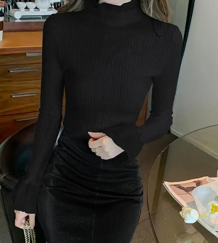 Spring Autumn Korean Black Half High Neck Elegant Slim Long Sleeve Short Top Women White Versatile Knit Sweater Fashion Popular