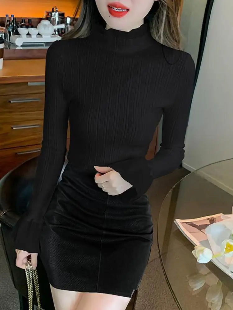 Spring Autumn Korean Black Half High Neck Elegant Slim Long Sleeve Short Top Women White Versatile Knit Sweater Fashion Popular