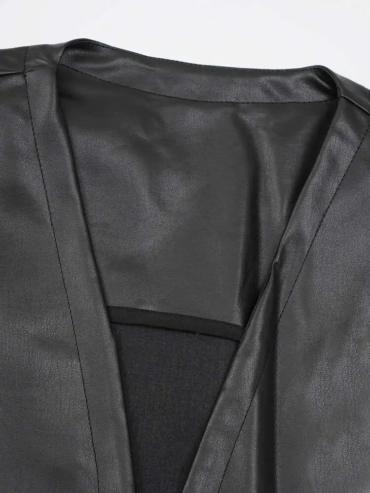 Women Black  Pu Leather Pockets Big Size Long Vest Dress New V-Neck Sleeveless Fashion Tide Spring Autumn 2025 CPG2085
