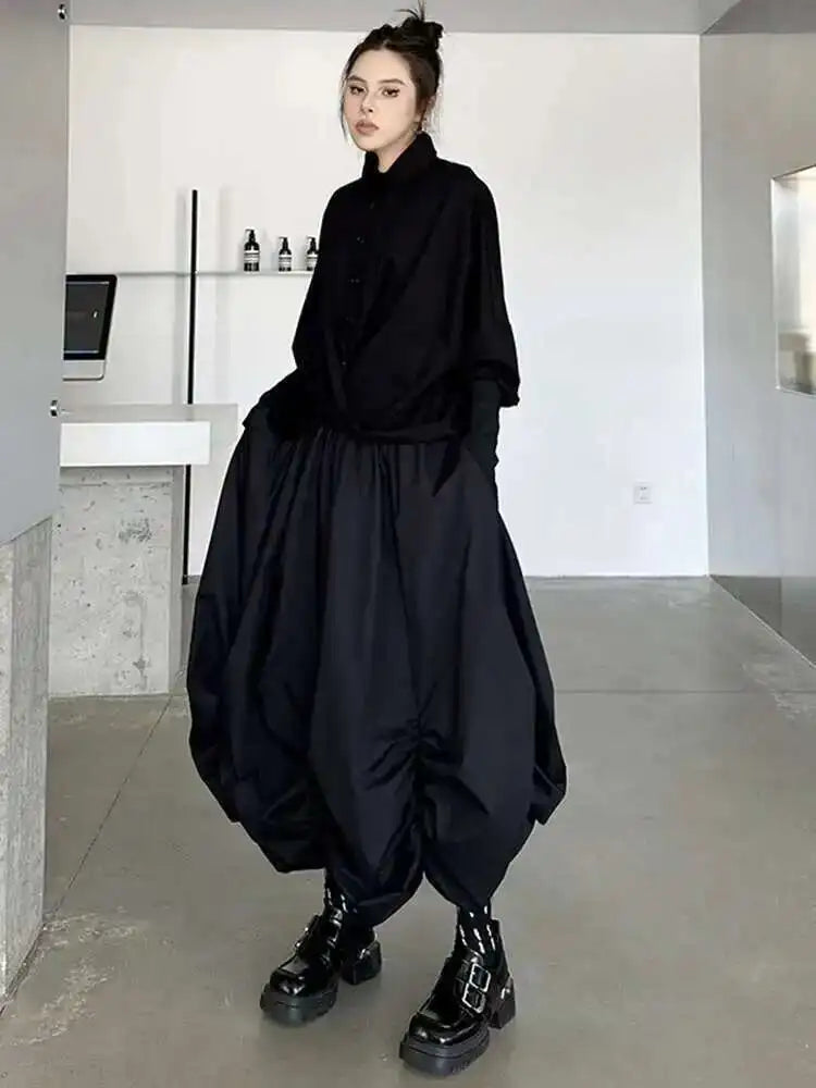 High Elastic Waist Black Pleated Irregular Shaped A-line Half-body Skirt Women Fashion Tide New Spring Autumn 2025 1DH9135