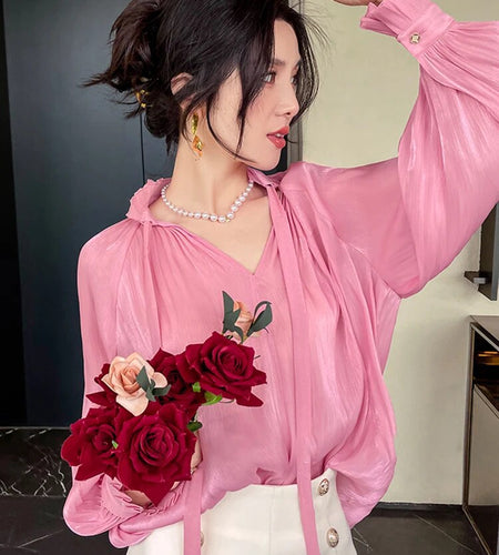 Patchwork Lace Up Shirt For Women V Neck Lantern Sleeve Pullover Casual Solid Blouse Female Fashion Clothing