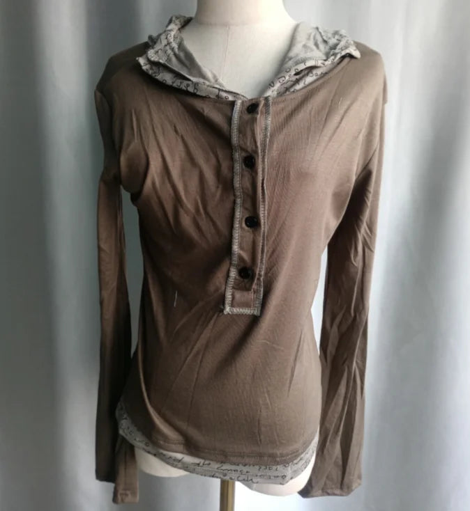 Patchwork Punk Woman Tshirts Y2k Tops 2024 Ropa Mujer Fake Two Tunic Tees Long Sleeve Fashion Camisetas Hooded Casual T-shirt