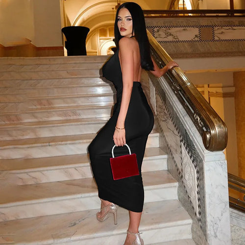 Load image into Gallery viewer, Halter Draped Ruched Sexy Maxi Dress For Women Gown Deep V Neck Sleeveless Backless Bodycon Club Long Dress Elegant
