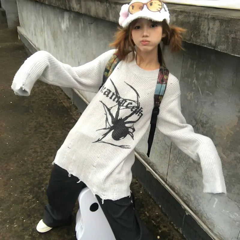 Japanese Y2k Ripped Sweater Vintage Gothic Spider Print Knitted Pullover Trashy 2000s Style Distressed Jumper Grunge 90s