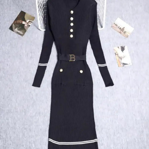 Load image into Gallery viewer, Women's Solid Patchwork Stripe V Neck Elegant Slim Long Sleeved Dress Spring Single Breasted Office Lady Knitted Dresses Fashion
