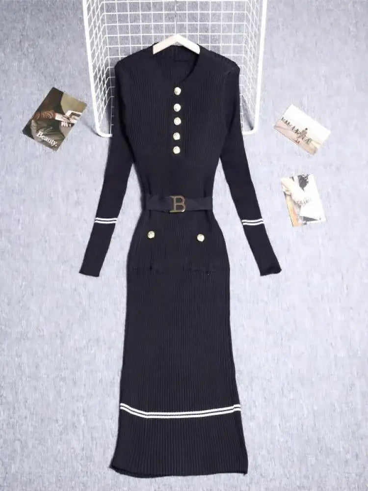 Women's Solid Patchwork Stripe V Neck Elegant Slim Long Sleeved Dress Spring Single Breasted Office Lady Knitted Dresses Fashion