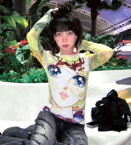 Japanese Y2k Anime Print T-shirt 2000s Aesthetics Long Sleeve Tee Shirt Vintage Harajuku Slim Tops Kawaii Lolita T Shirt