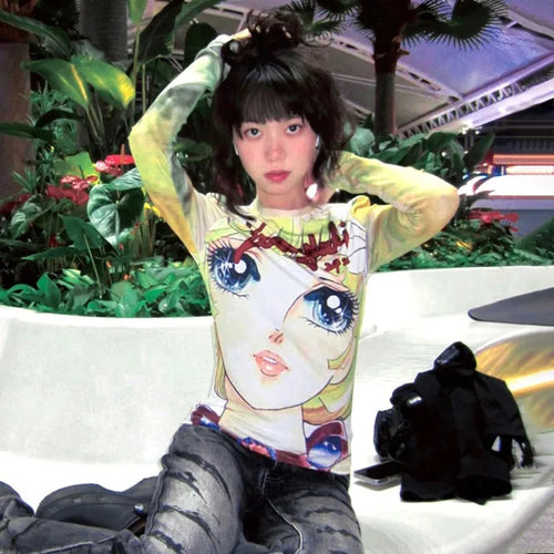 Japanese Y2k Anime Print T-shirt 2000s Aesthetics Long Sleeve Tee Shirt Vintage Harajuku Slim Tops Kawaii Lolita T Shirt