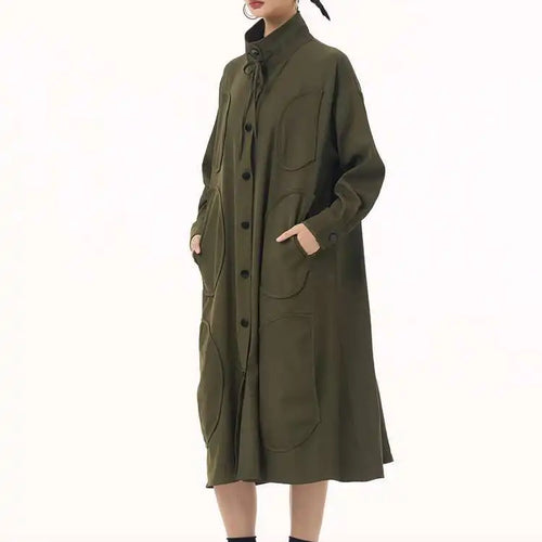 Load image into Gallery viewer, Women Army Green Patch Drawstring Big Size Midi Dress New Stand Collar Long Sleeve Fashion Tide Spring Autumn 2025 1DH9211
