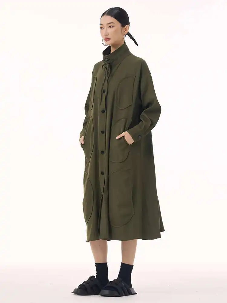 Women Army Green Patch Drawstring Big Size Midi Dress New Stand Collar Long Sleeve Fashion Tide Spring Autumn 2025 1DH9211