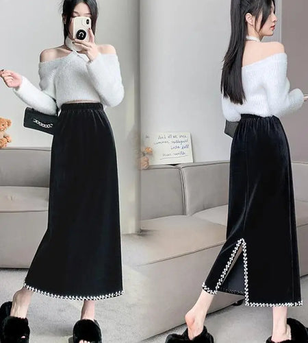 Korean Vintage Elegant Black Velvet Long Skirt Women Autumn Winter High Waist Fashion Office Ladies Slim Straight Split Skirts