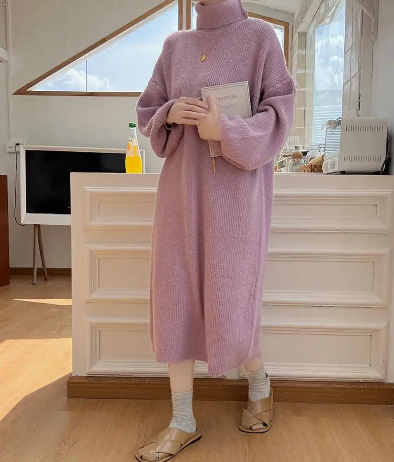 Fall Winter Knit Rib Wrap Midi Pencil Dress For Women Casual Simple Style Long Sleeve Turtleneck Sweater Dresses For Women 2023