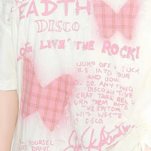 Load image into Gallery viewer, Skew Collar Off Shoulder Plaid Patchwork T Shirts Women Summer Butterfly Printing T-skirt Harajuku Casual Grunge Drawstring Tops
