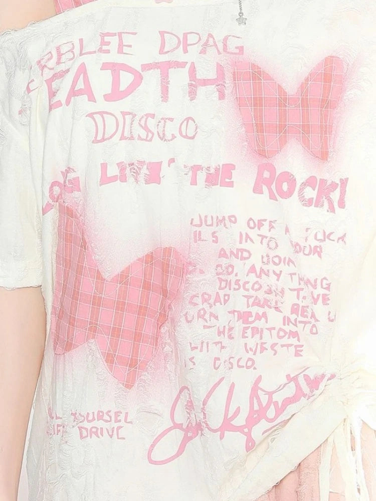 Skew Collar Off Shoulder Plaid Patchwork T Shirts Women Summer Butterfly Printing T-skirt Harajuku Casual Grunge Drawstring Tops