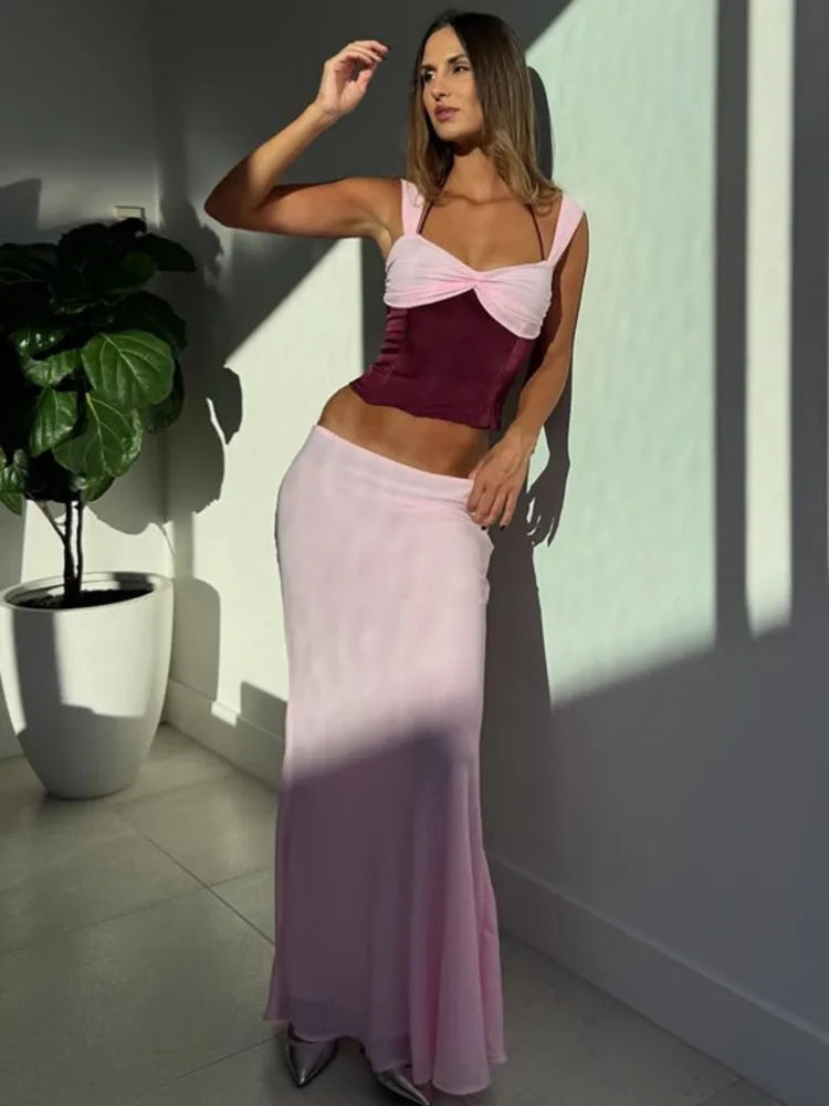 Sexy Skirt Two Piece Sets Women Halter Lace-up Cropped Tops And Maxi Skirt Ladies Fashion Sleeveless 2 Piece Sets