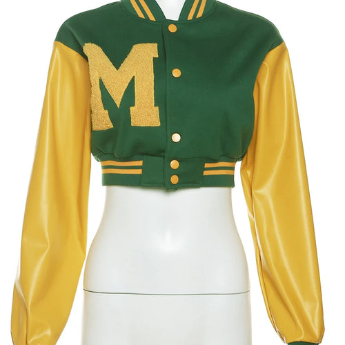 Load image into Gallery viewer, Autumn Hipster PU Jacket Women Long Sleeve Patchwork Short Varsity Baseball Coat Female Casual Warm Streetwear Top
